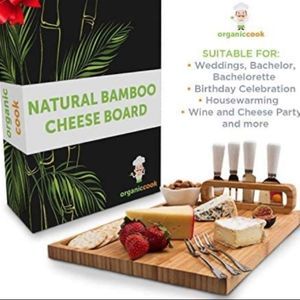 Bamboo Cheese Board & Knife Set Charcuterie Board Set, 14 x 11 inch with Cutlery